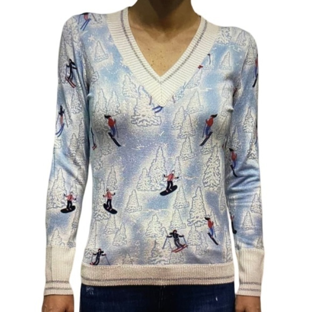 Light Blue Ski Print V-Neck Sweater